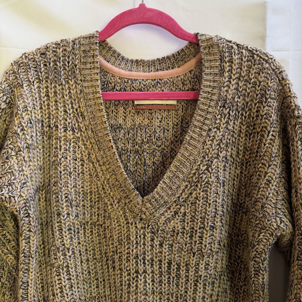 Anthropologie Pilcro Marled Chunky V-Neck Wool Blend Knit Sweater Size L Brown - Picture 2 of 11